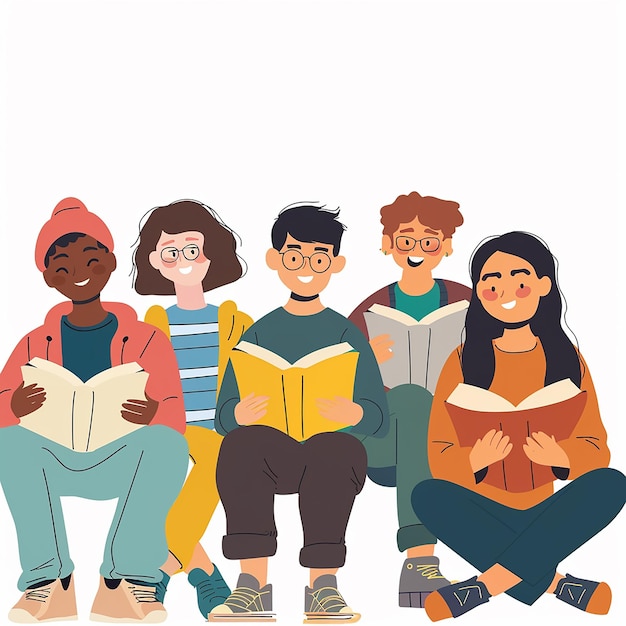 a group of kids sit on a bench reading a book