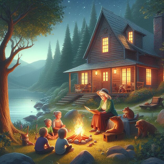 Photo a group of kids sitting around a campfire by a lake