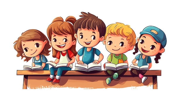 A group of kids sitting on a bench reading books