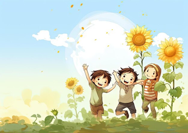 группа детей, стоящих на солнце с некоторыми подсолнухами в стиле ручной книжки