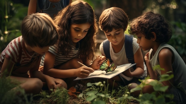 Photo a group of kids taking their pets on nature wallpaper