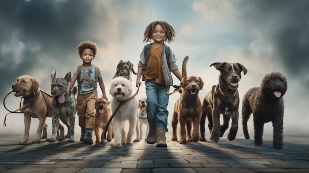 Photo a group of kids and their dogs doing charity background