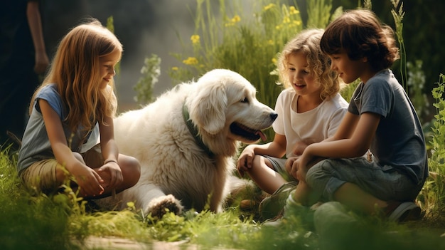 Photo a group of kids and their pets joining wallpaper