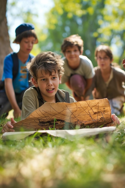 A group of kids on a treasure hunt in a park with maps and compasses