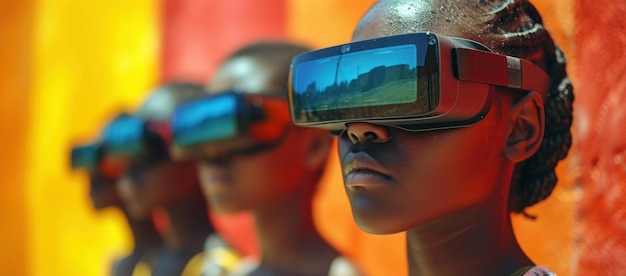 Group of Kids Wearing Virtual Reality Glasses extreme closeup Genrative AI