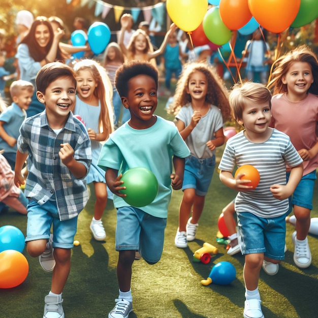 a group of kids with balloons and one has a blue shirt that says quot happy kids quot