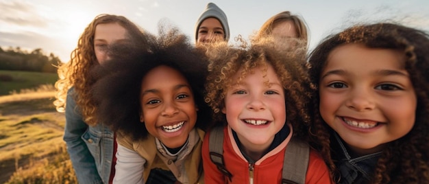 Foto un gruppo di bambini con i capelli ricci e uno sfondo blu