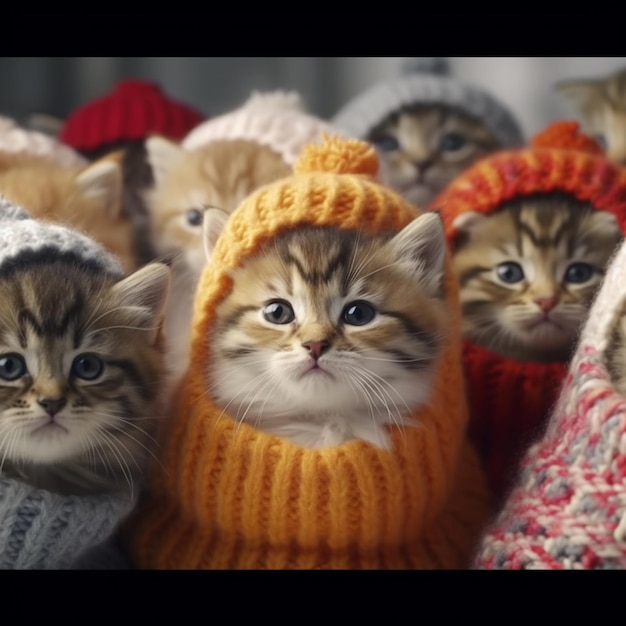 Foto un gruppo di gattini indossano tutti dei maglioni.