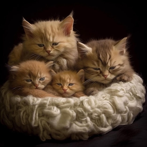 a group of kittens are laying in a basket.