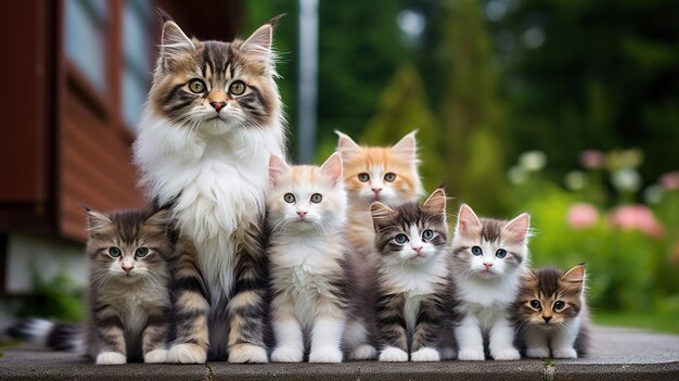 Foto un gruppo di gattini sono in piedi su una sporgenza con uno di loro che guarda la telecamera.