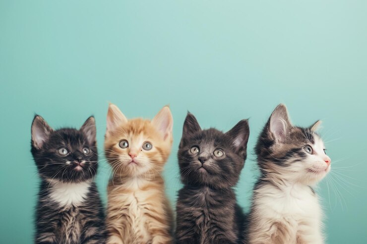 Photo 새끼 고양이 한 무리가 함께 서 있는데, 한 무리의 배경은 파란색입니다.