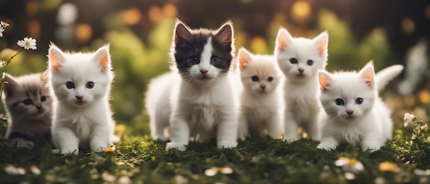 庭の背景に子猫と子犬のグループ