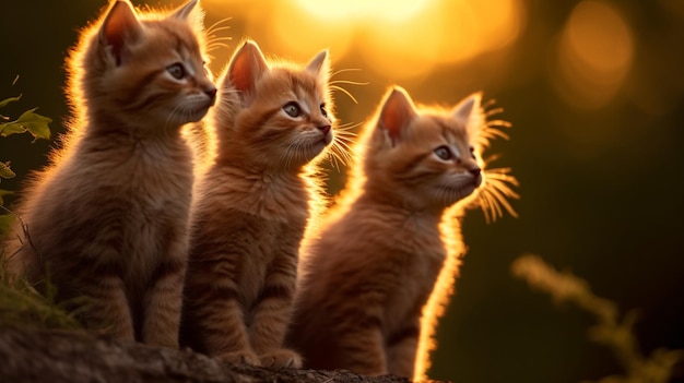 a group of kittens sit on a tree branch.
