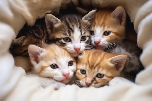 写真 グループの子猫が猫のタオルに座っている