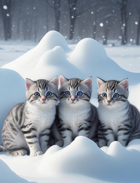 A group of kittens sitting on top of a snow covered ground