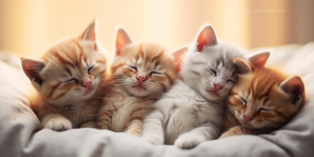 ベッドで一緒に寝ている子猫のグループ AI 生成画像