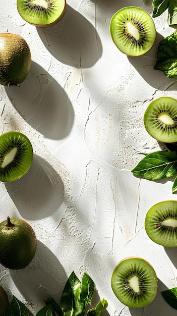 A group of kiwis sitting on top of a white surface next to leaves and a banana tree professional