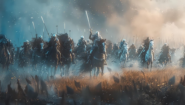 Photo a group of knights are riding horses and fighting in a battle