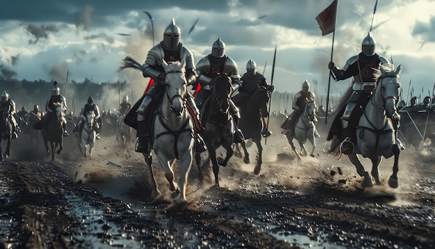 A group of knights are riding horses and fighting in a battle