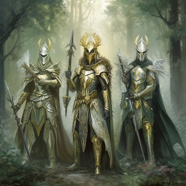 a group of knights are standing in a forest with their swords in the background