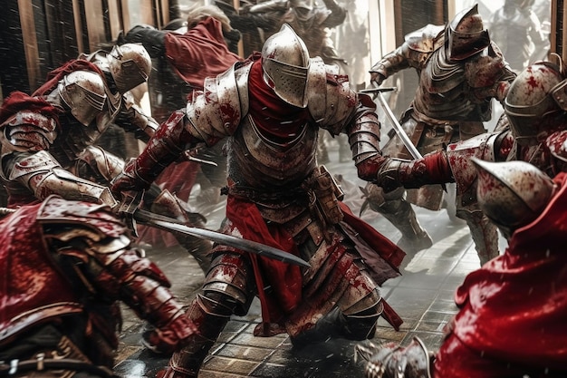 A group of knights fighting in a building with the title game of thrones.
