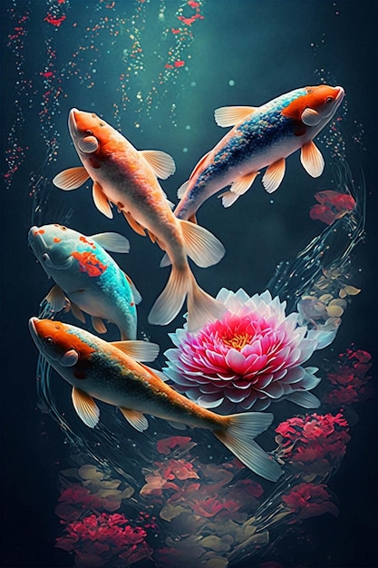 Group of koi fish swimming in a pond of water generative ai