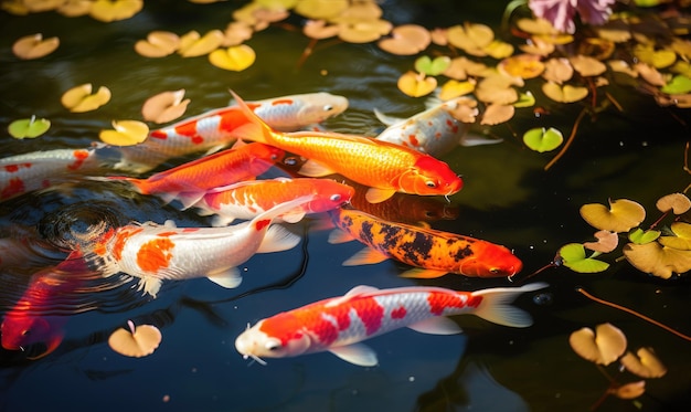 A group of koi fish swimming in a pond