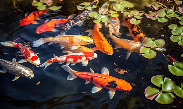 A group of koi fish swimming in a pond