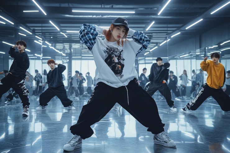 Photo 鏡の練習室でダンスを練習しているkpopアイドルのグループ