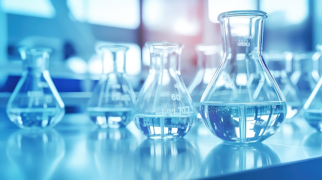 A group of laboratory beakers are placed on table