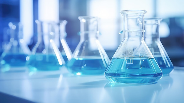 A group of laboratory beakers are placed on table