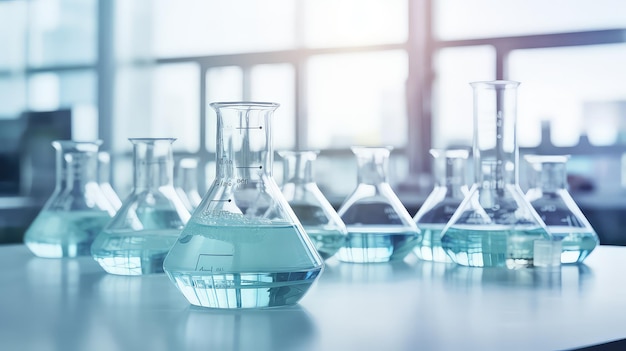 A group of laboratory beakers are placed on table