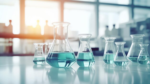 A group of laboratory beakers are placed on table