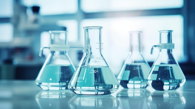 A group of laboratory beakers are placed on table