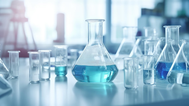 A group of laboratory beakers are placed on table