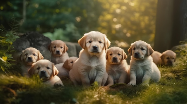 A group of labrador puppies sit on the grass in a forest.