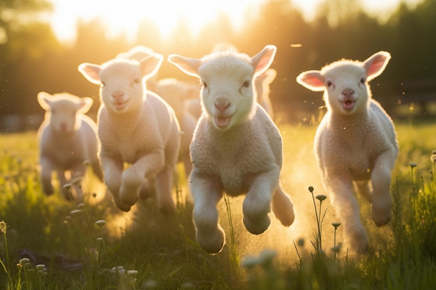 Photo group of lambs frolicking in a sundrenched meadow generative ai