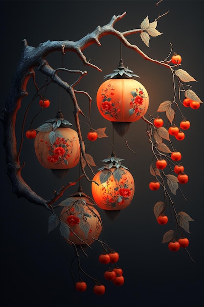 Group of lanterns hanging from a tree branch generative ai