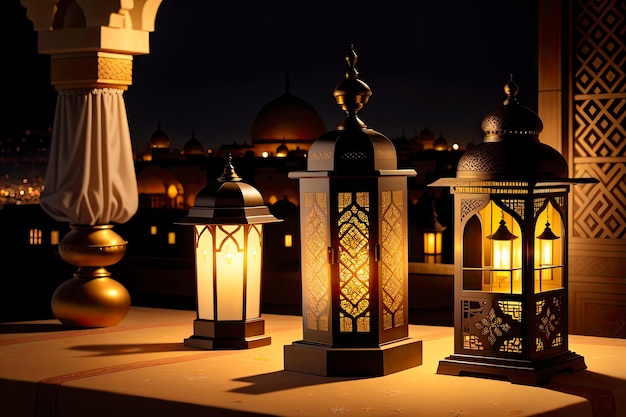 A group of lanterns with the lights of the al - muscat mosque in the background