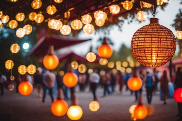 Photo a group of lanterns with orange and white lights in the background