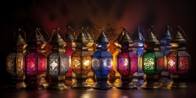 A group of lanterns with the words ramadan on the bottom.