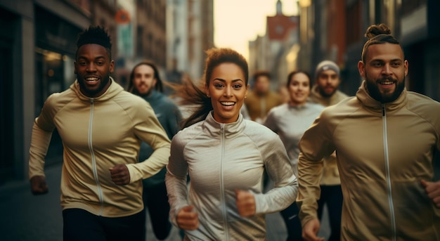 Photo a group of laughing people run together in team