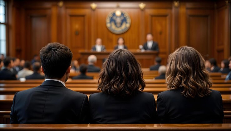 Photo group of lawyers attentively listening during court session