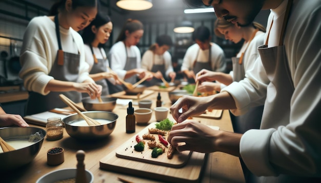 Photo a group learning to cook with one person carefully garnishing a dish