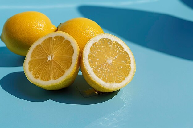 Foto gruppo di limoni sulla superficie blu