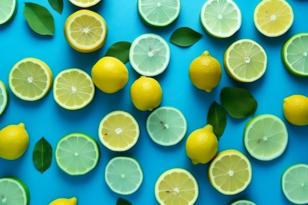 A group of lemons and limes are arranged on a blue background.