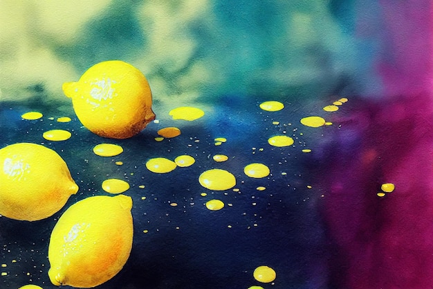 Group of lemons with leaves digital art style illustration painting