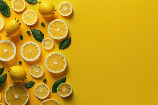 Группа лимонов с листьями на желтом фоне генеративный ИИ