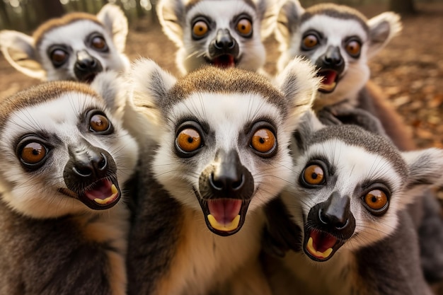 Photo group of lemur cattas closeup in the wild