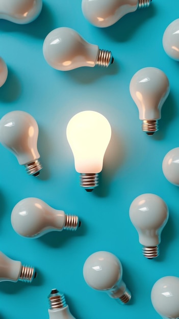 Group of light bulbs on blue surface illumination and innovation